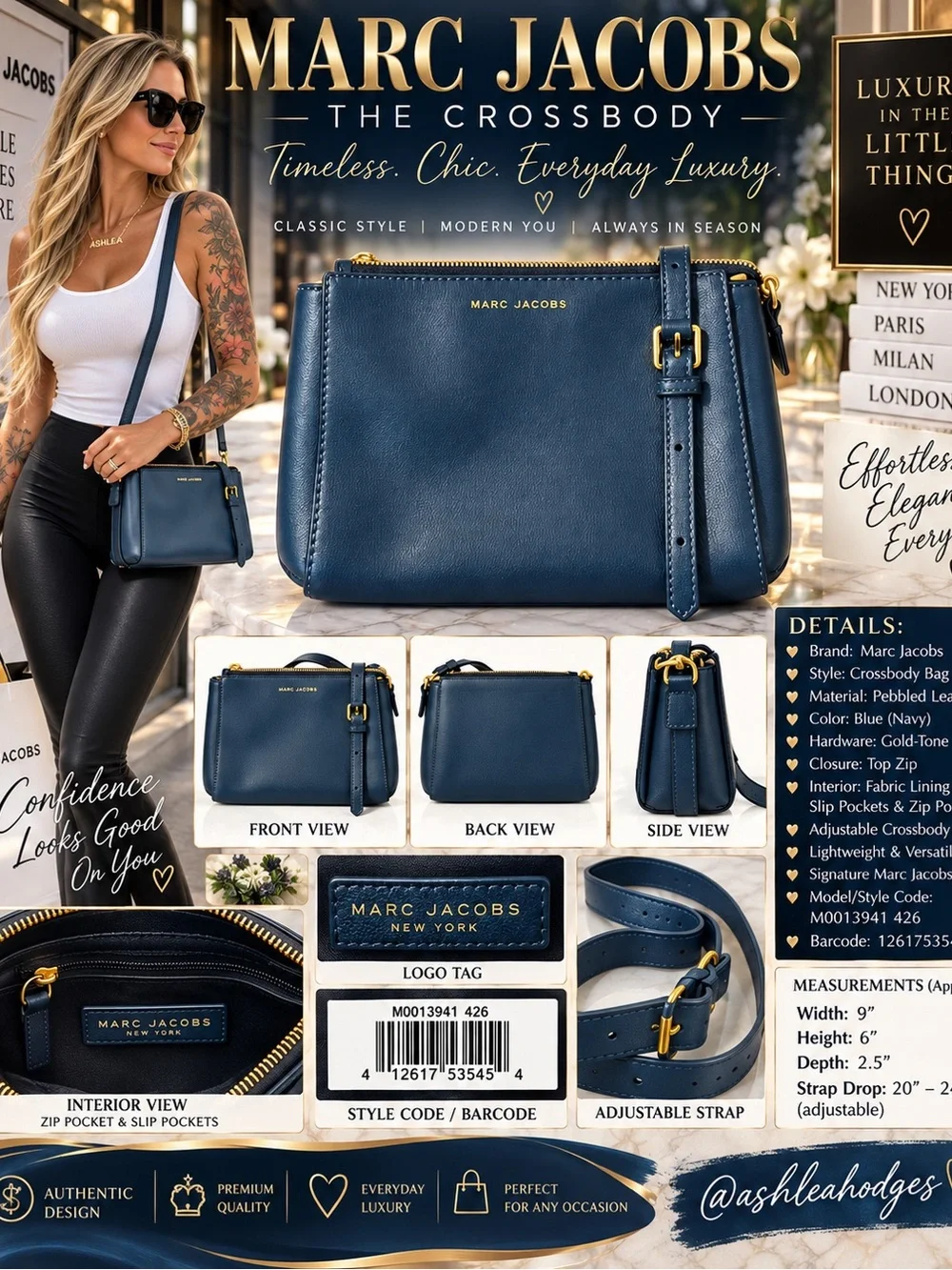 Marc Jacobs Navy Blue Leather Crossbody Shoulder Bag with Gold Hardware